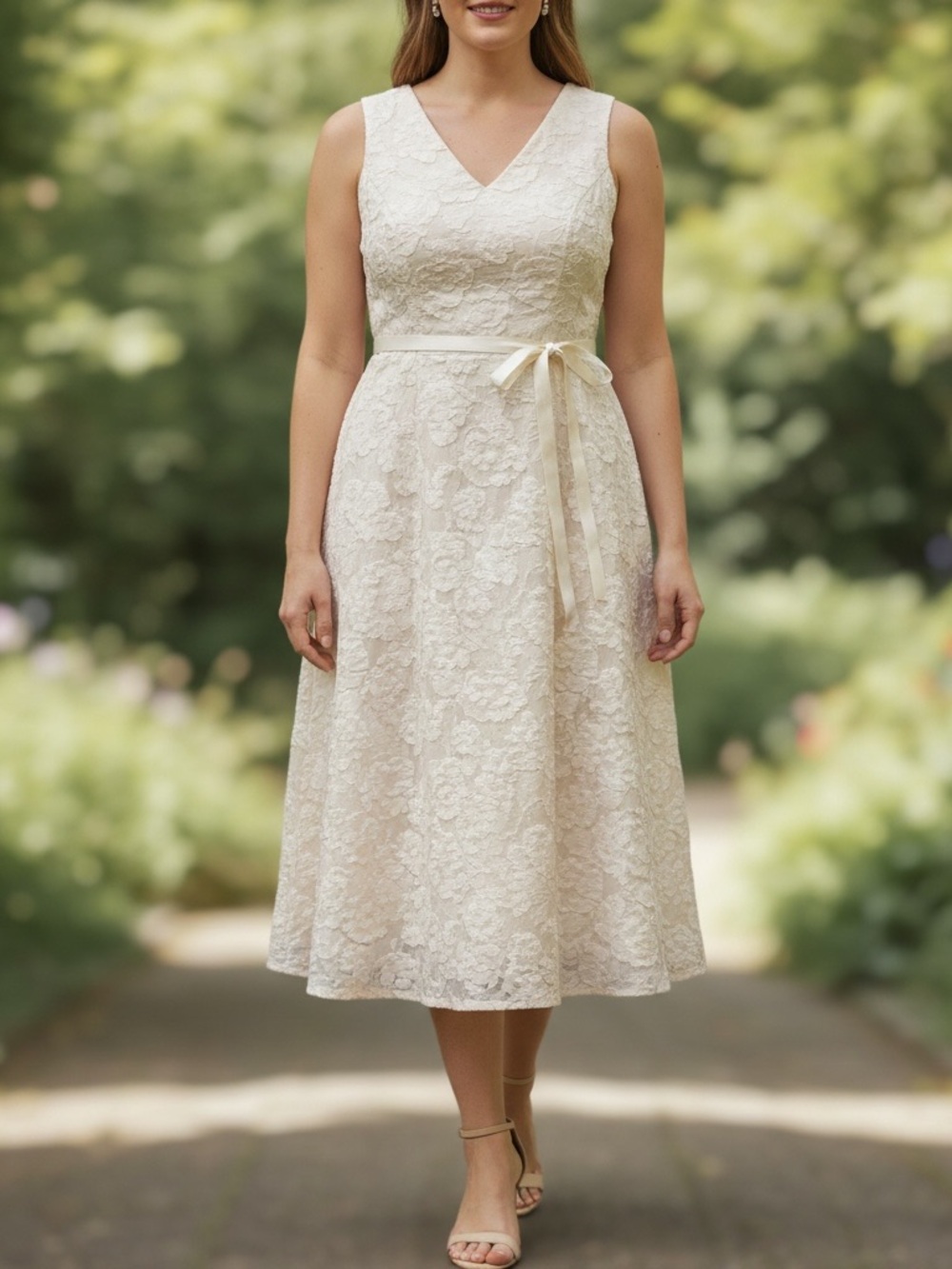 Sleeveless V-Neck Lace Midi Dress with Satin Waist Tie in Ivory